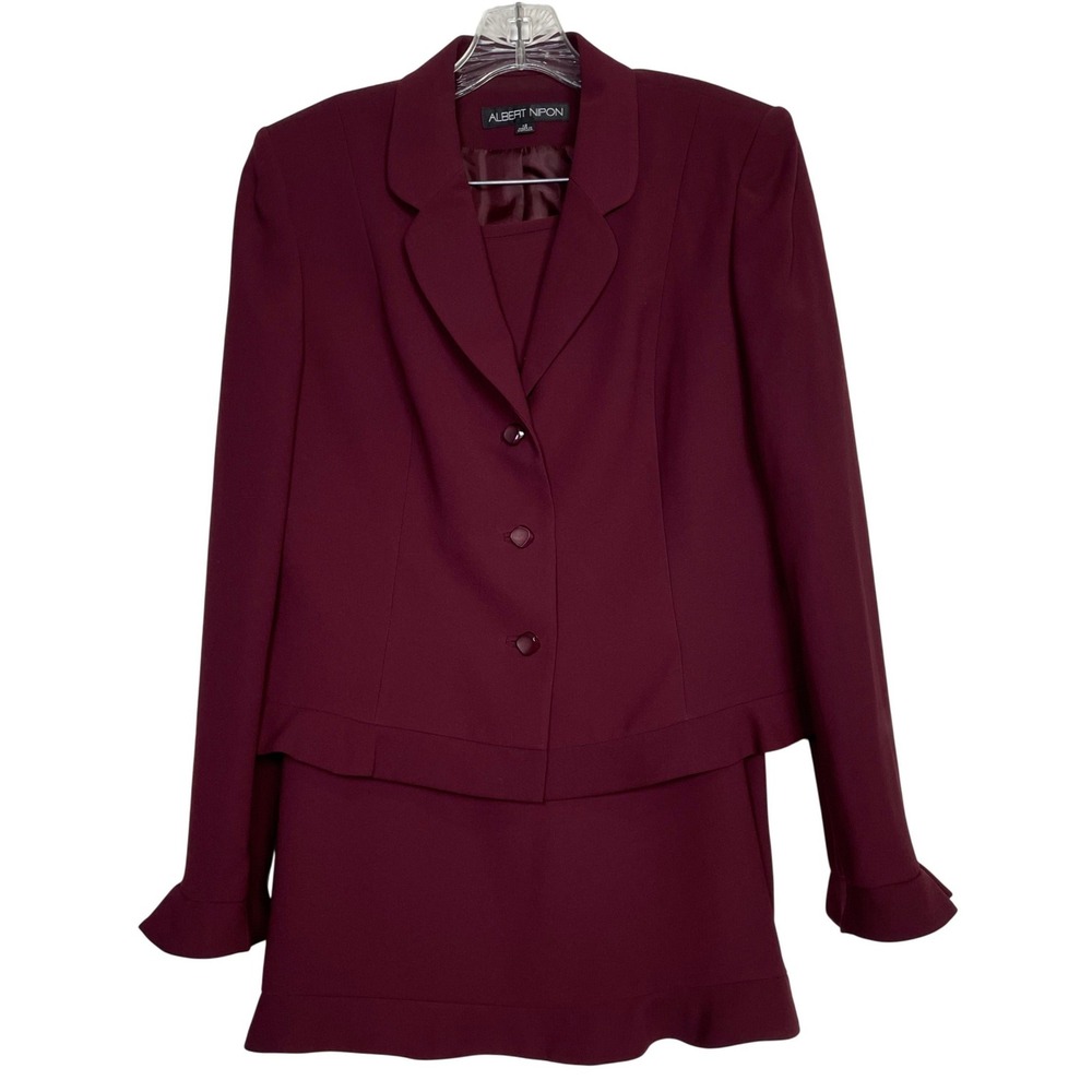 Albert Nipon Women's Burgundy Ruffle Trim Blazer and Skirt Suit Set Size 12